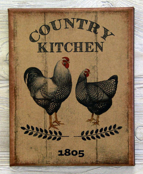 A rustic rectangular wooden sign with a weathered tan background and the words “COUNTRY KITCHEN” at the top, featuring illustrated rooster and hen figures, leaf motifs, and “1805” at the bottom.