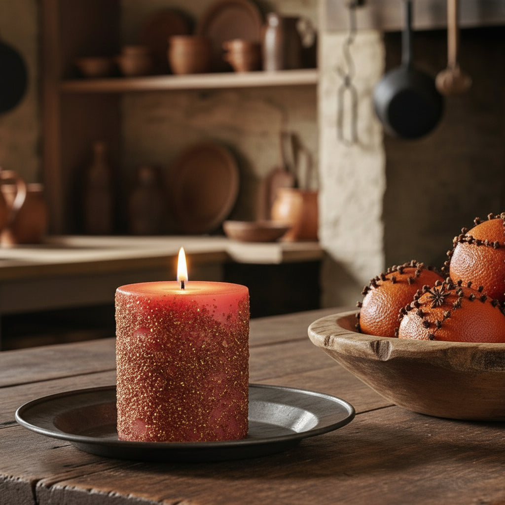 Red candle on a metal plate with a rustic kitchen background