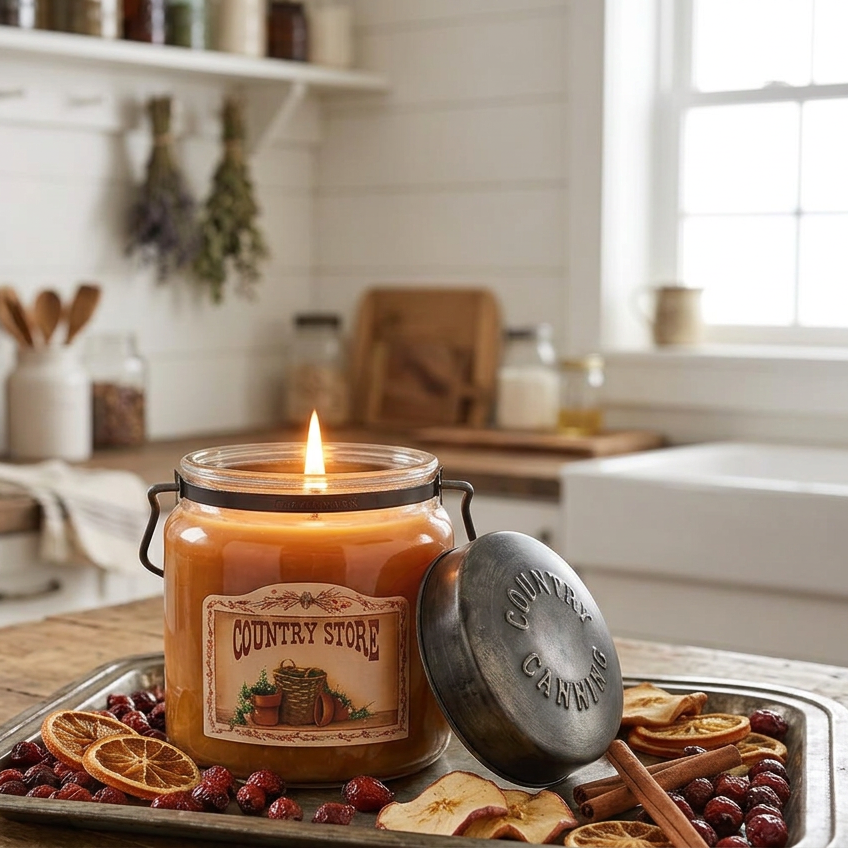 Lit Country Store jar candle with orange wax on a metal tray with dried orange and apple slices, cinnamon sticks, berries, and its metal lid.