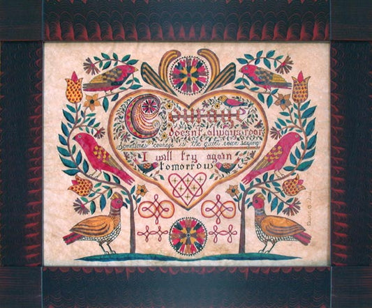 A colorful piece of folk art featuring birds, floral patterns, and a heart shape with the word 'Courage'.