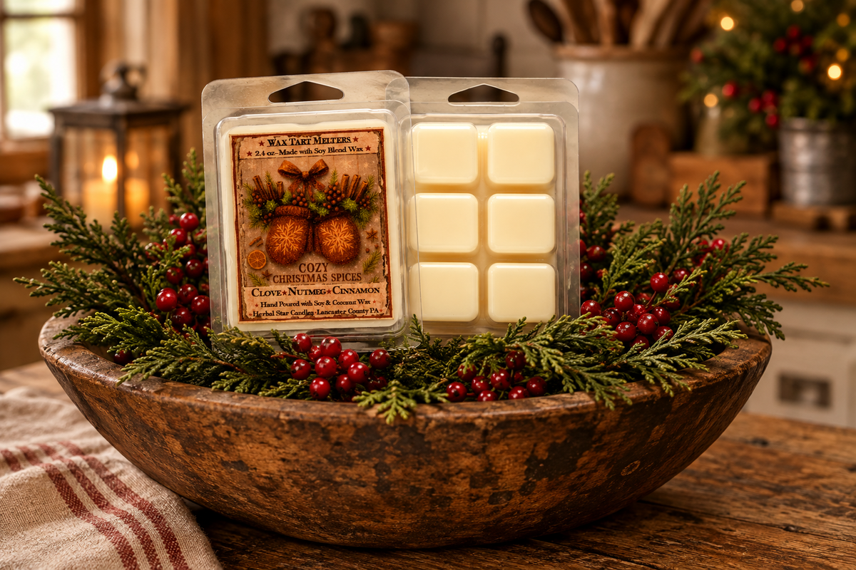 Two packaged wax melts or scented melts displayed in a rustic wooden bowl with evergreen branches and red berries. The front package shows a label reading 'Cozy Christmas Spirit' and 'Relaxing Melt,' while the clear plastic tray contains pale cream wax cubes.