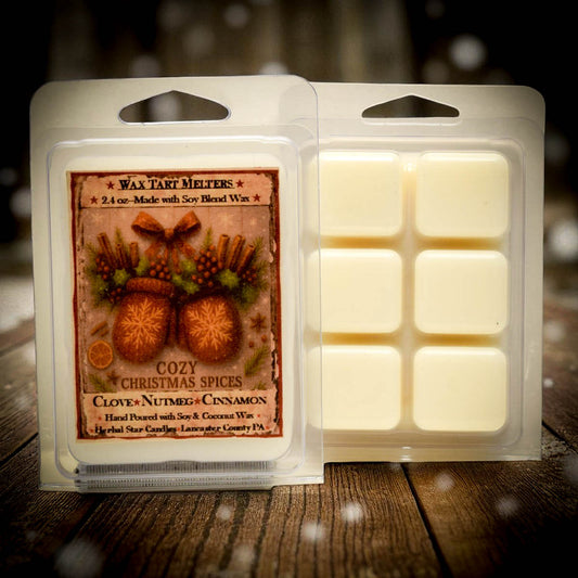 Wax tart melt package with 'Cozy Christmas Spices' label on a wooden surface.