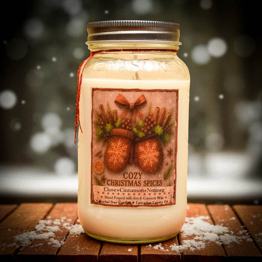 Candle in a mason jar with a cozy Christmas spices label on a wooden surface with snow.