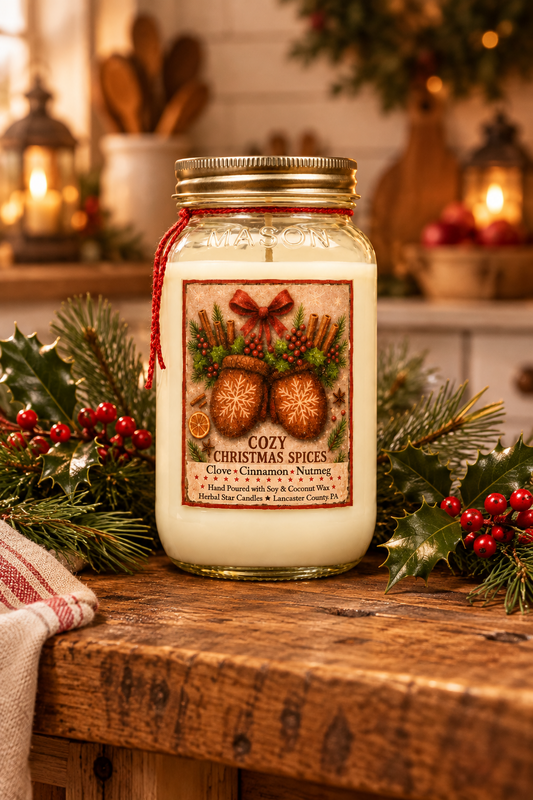 A holiday-themed jar candle labeled 'Cozy Christmas Spices' in a glass mason jar with a gold lid, set on a rustic wooden table surrounded by pine branches, holly, and red berries.