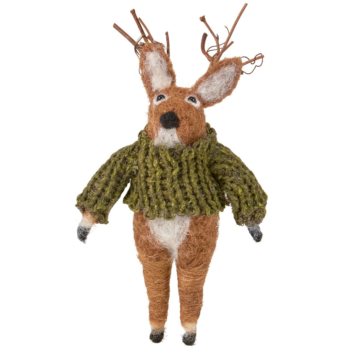 Felted buck ornament wearing a green sweater on a white background.