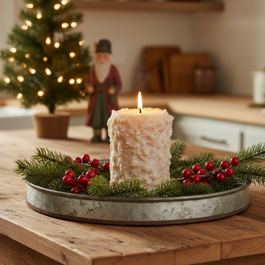Decorative candle with greenery on a wooden table, Christmas tree and figurine in the background