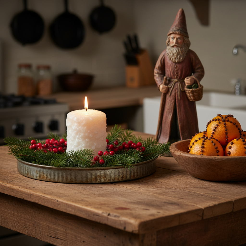 Decorative setup with a lit candle, wreath, and bowl of oranges on a wooden table in a kitchen.