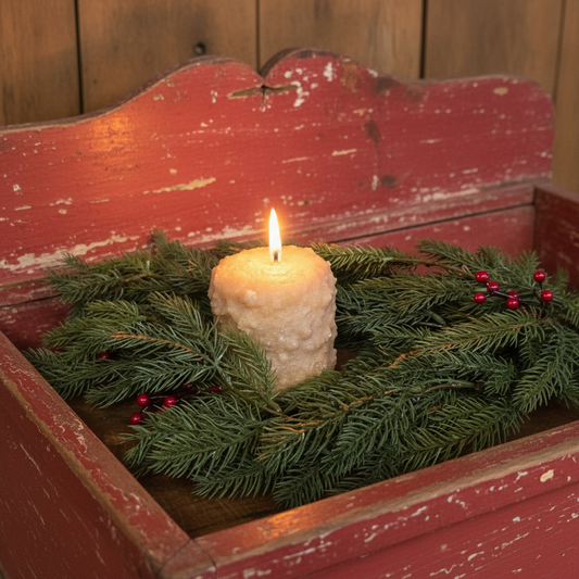 Candle in a decorative box with greenery and berries against a wooden background