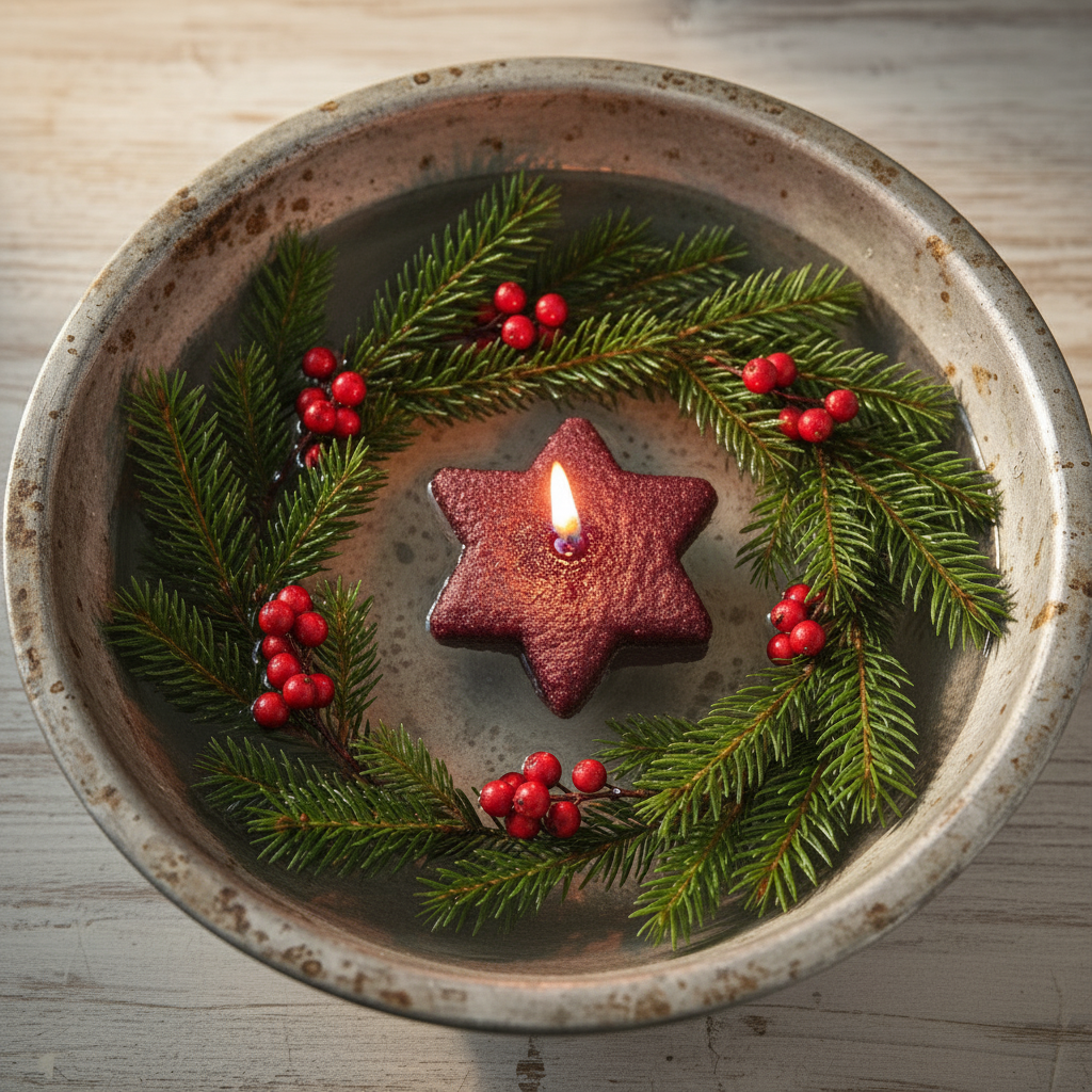 Star-shaped candle surrounded by greenery and red berries in a rustic metal dish.