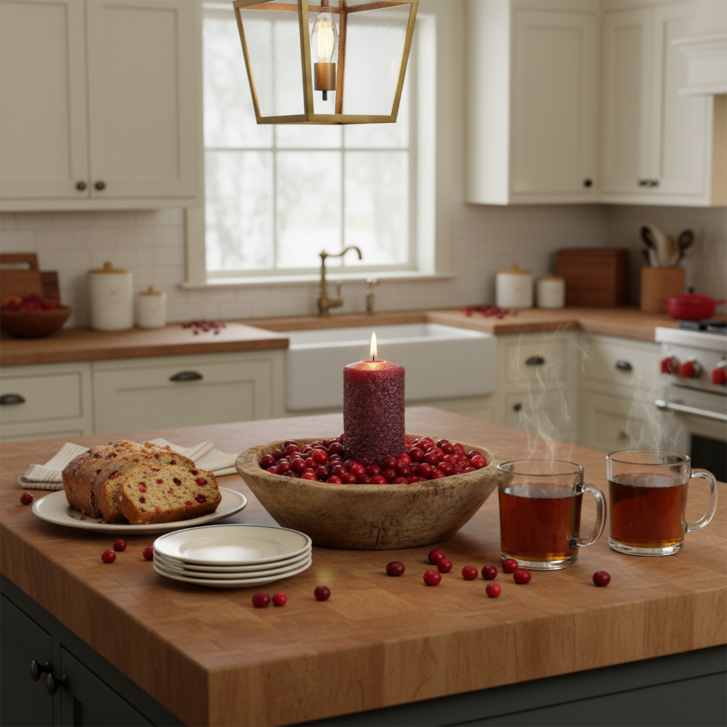 Kitchen counter with a bowl of cranberries, loaf of bread, and two mugs of tea.