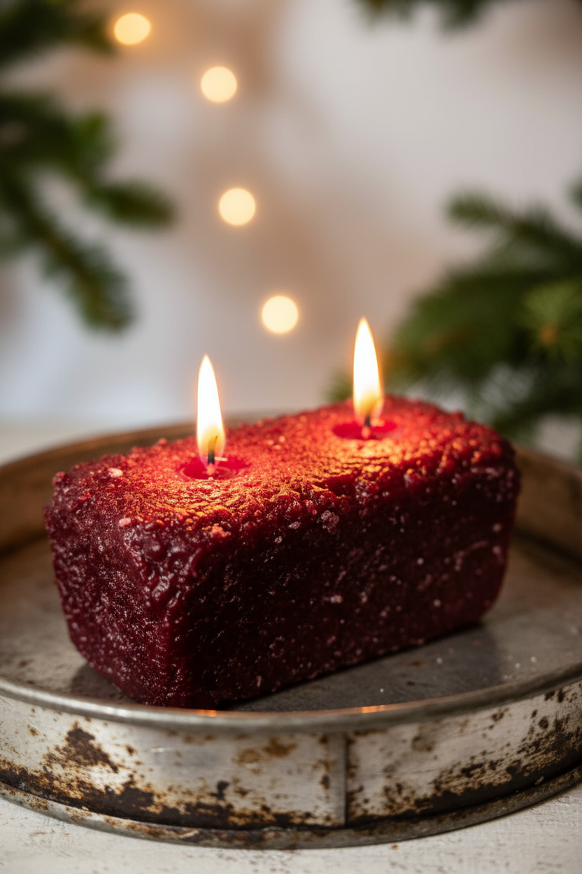 Cranberry candle with two lit candles on a metal tray against a blurred background with lights and greenery.