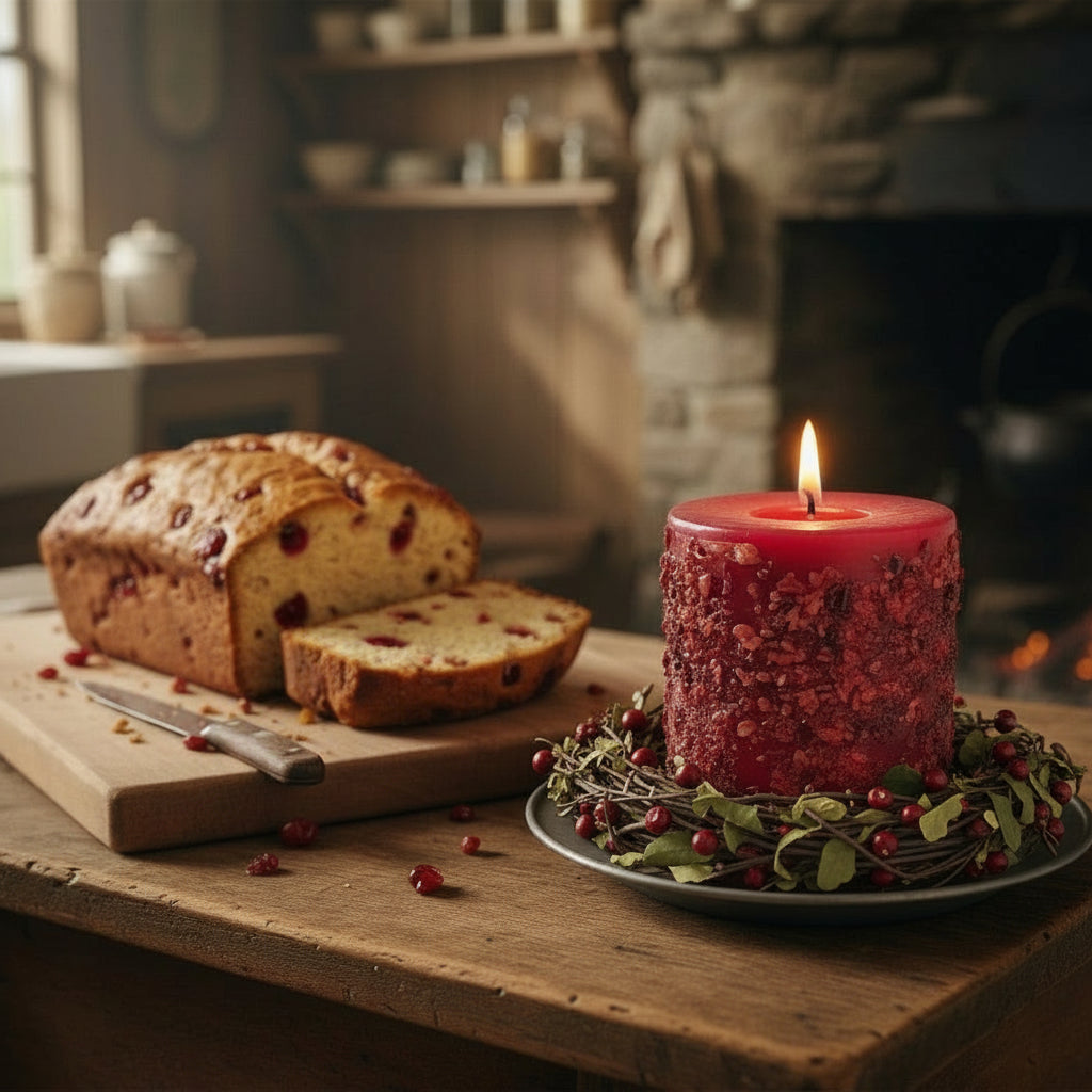 Loaf of bread with a slice cut, red candle on a wooden table with a fireplace in the background