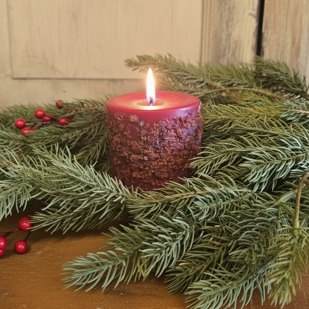 Lit cranberry candle with greenery and a wood background.
