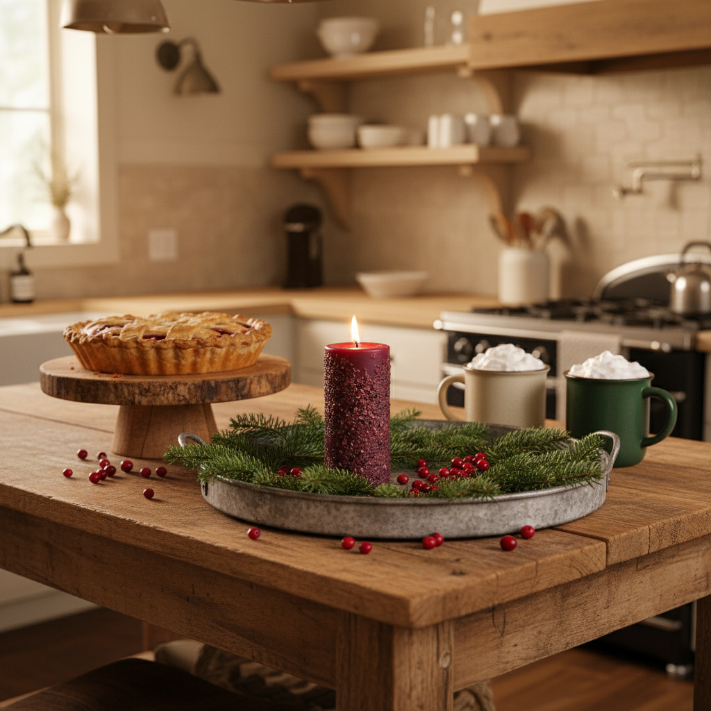 Decorative setup on a kitchen counter with a pie, candle, and mugs.
