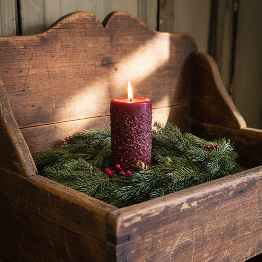 Purple candle in a wooden box with greenery and berries on a wooden surface