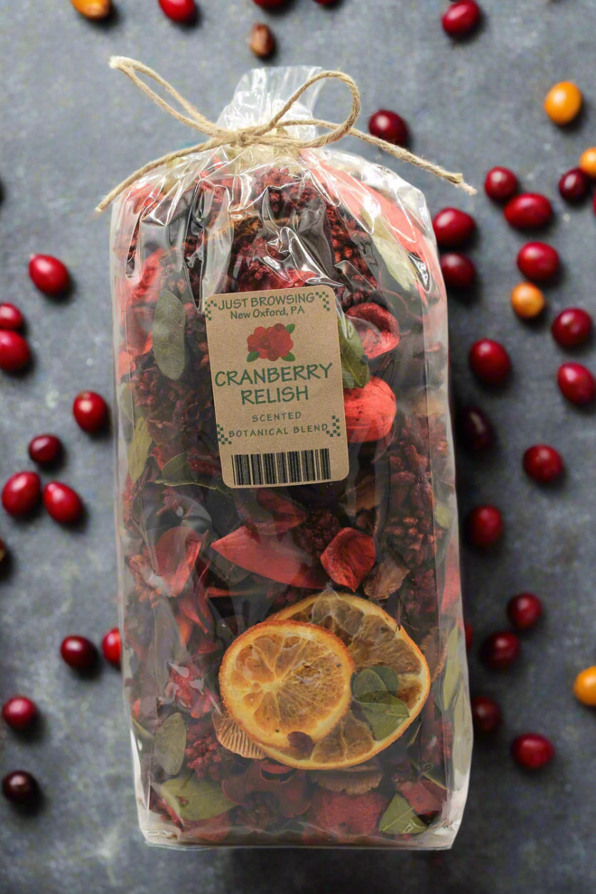 Bag of cranberry relish with a label on a gray background