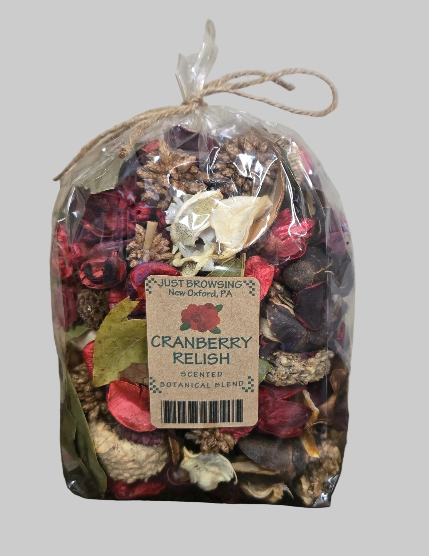 Packaged cranberry relish with a label on a gray background