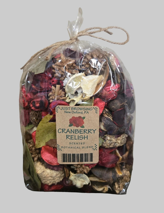 Packaged cranberry relish with a label on a gray background