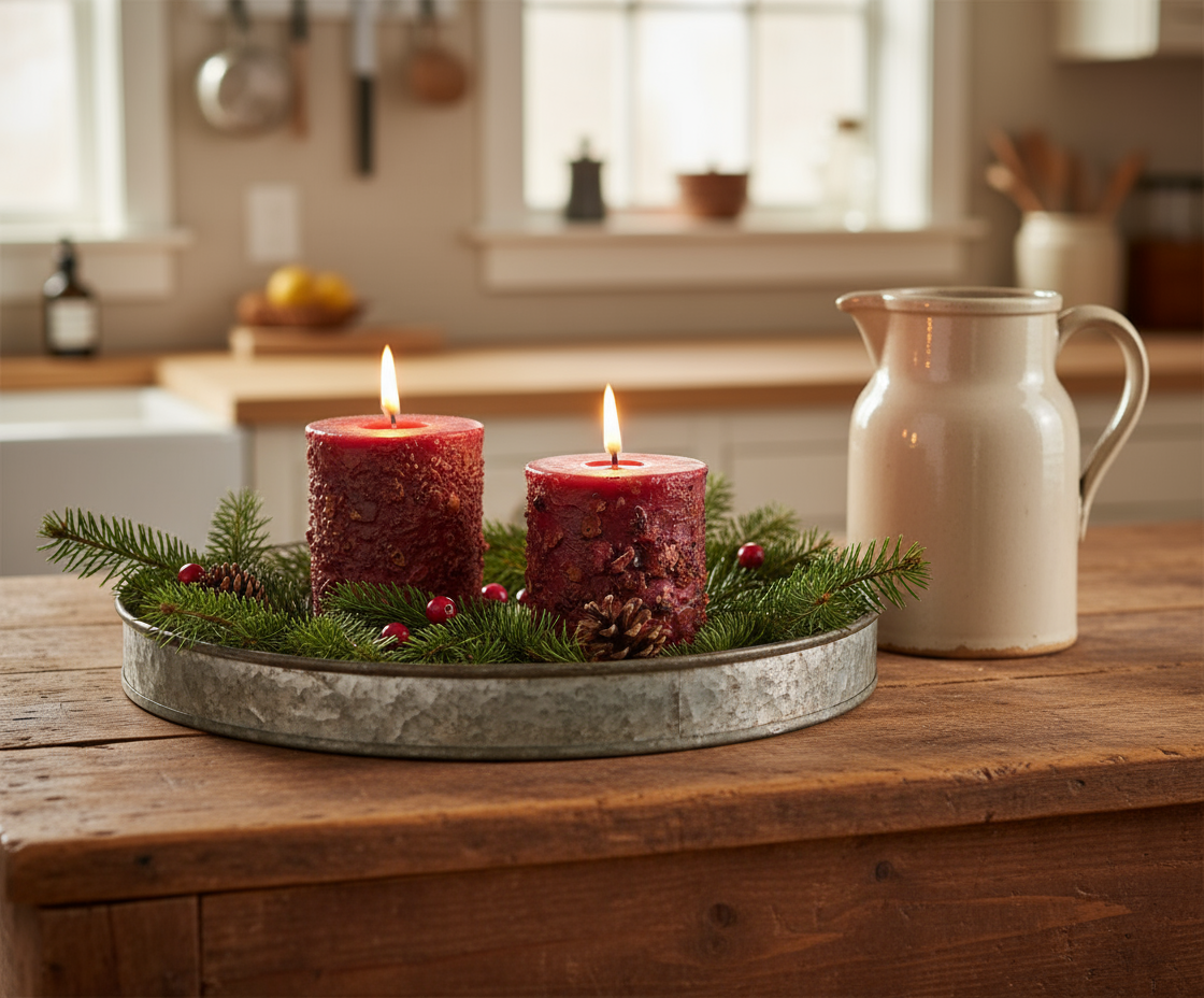 Two lit red candles in a decorative tray with greenery on a wooden table in a kitchen.