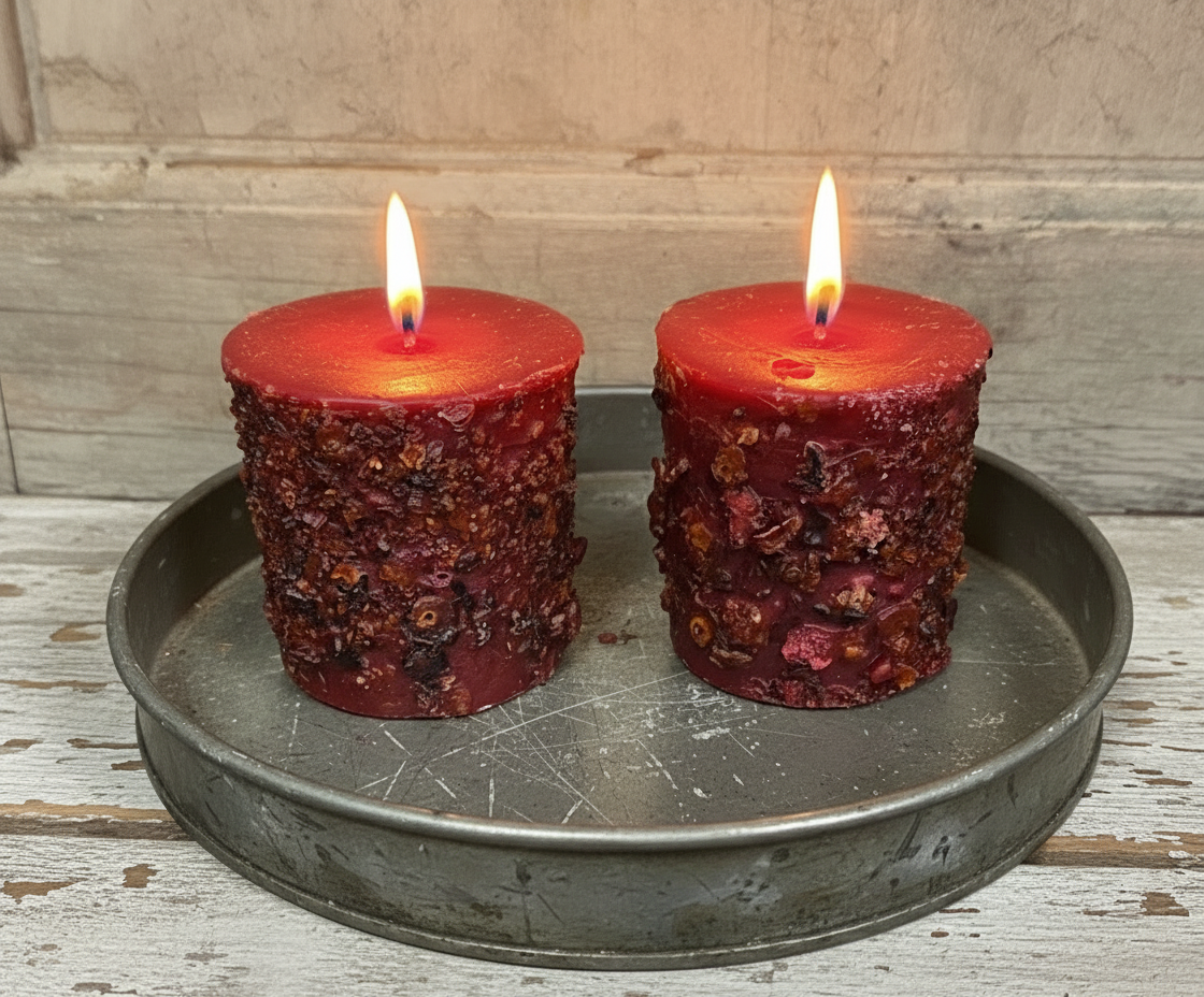 Two red candles on a metal tray with a textured wall background