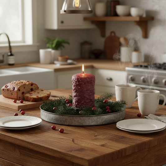 Decorative candle on a wooden table with a kitchen background