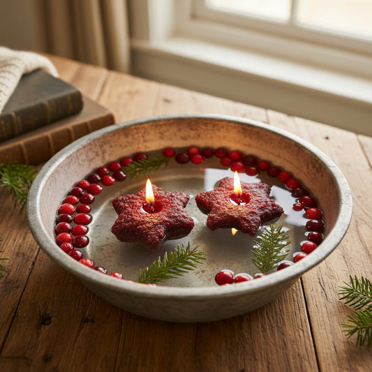 Star-shaped dark brown floating star candle burning in a wooden bowl with cranberries and greens.