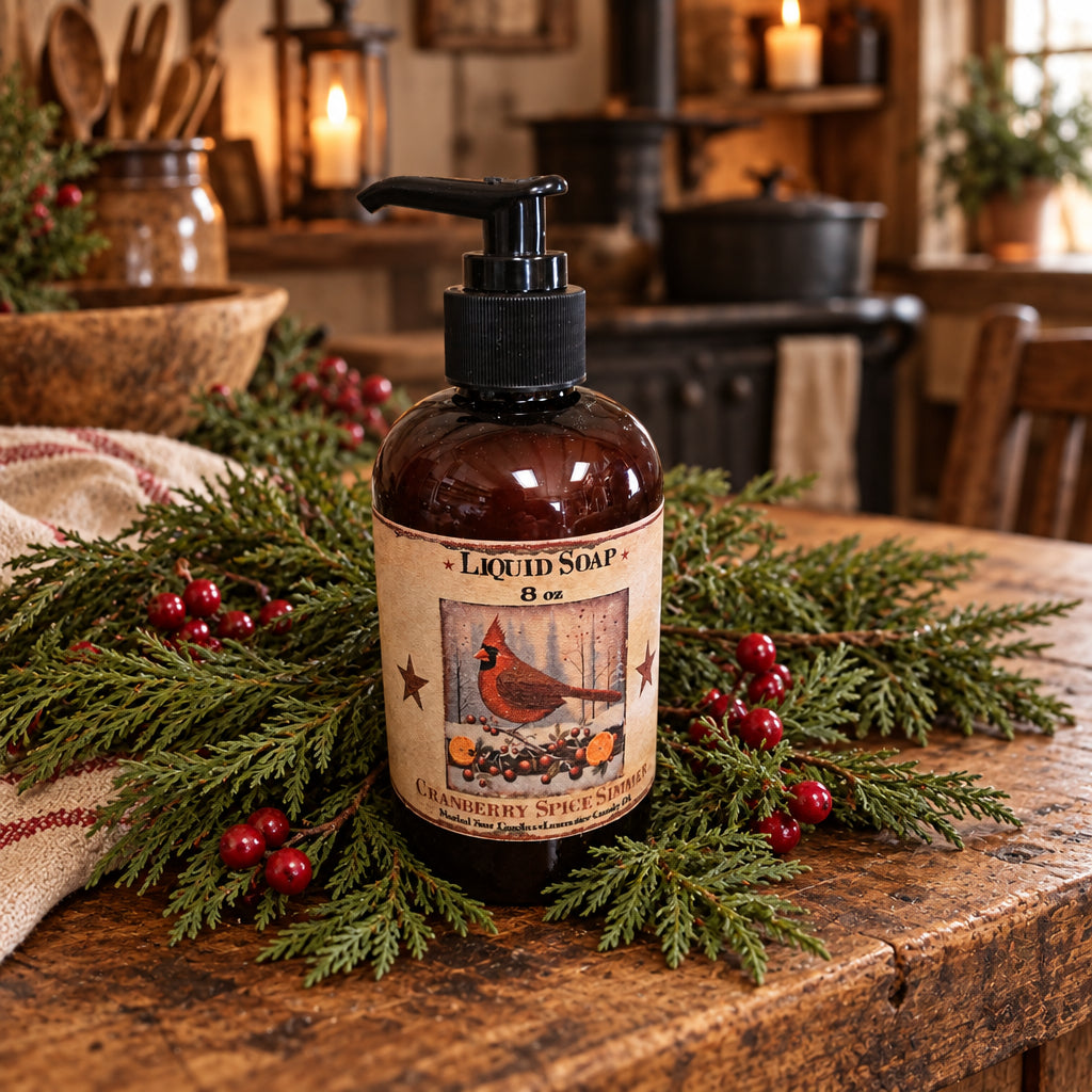 Bottle of liquid soap with a label on a wooden surface with greenery