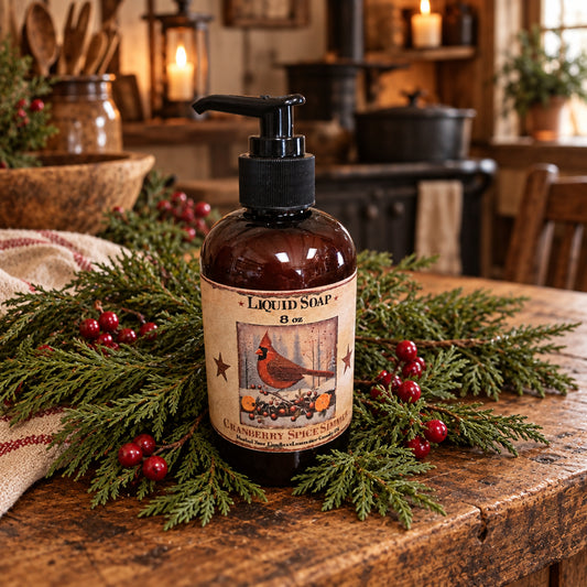 Bottle of liquid soap with a label on a wooden surface with greenery