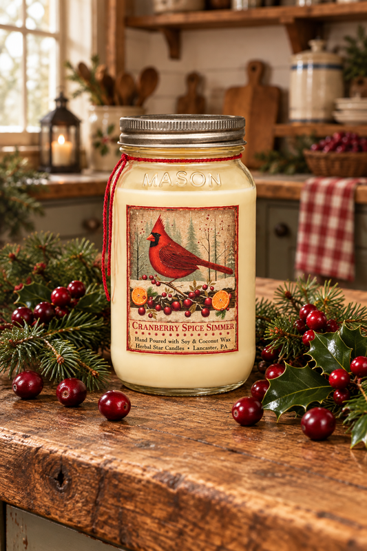 A mason jar candle with a silver lid and a red ribbon handle, labeled 'Cranberry Spice Sizzle' by Wicked Scented Candles, styled on a rustic wooden table with pine branches, holly, and red berries in a cozy kitchen setting.