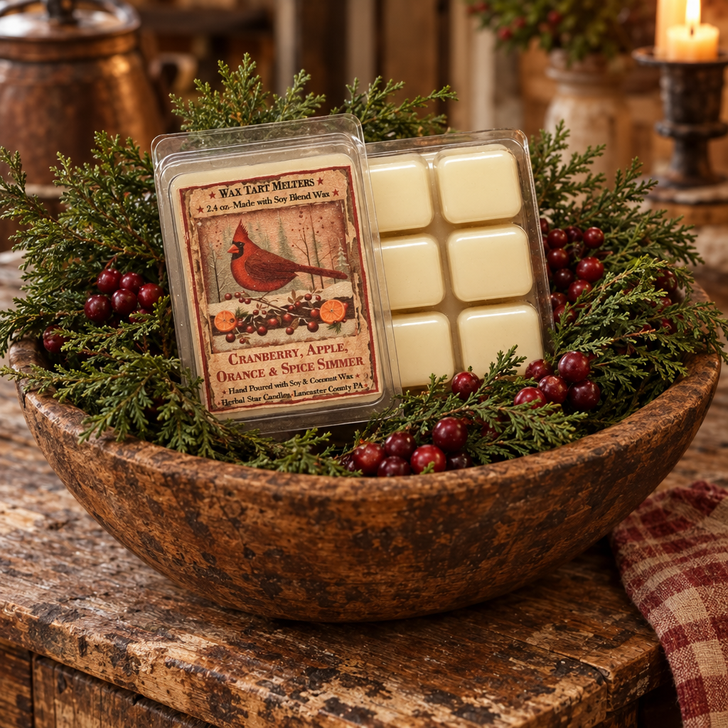 A wax melt package labeled Cranberry, Apple, Orange & Spice Slinger sits in a rustic wooden bowl filled with greenery and red berries, alongside a six-wick wax melt tray. The scene is styled on a wooden table with warm, softly blurred background elements.