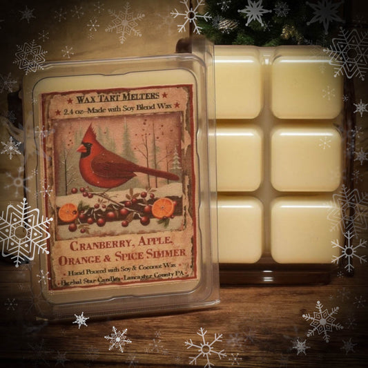 Clear packaging of wax chunks featuring cardinal artwork and text