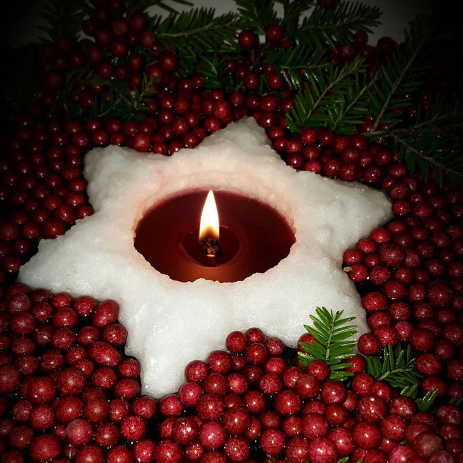 Star-shaped candle holder with a lit candle surrounded by red berries and green leaves.