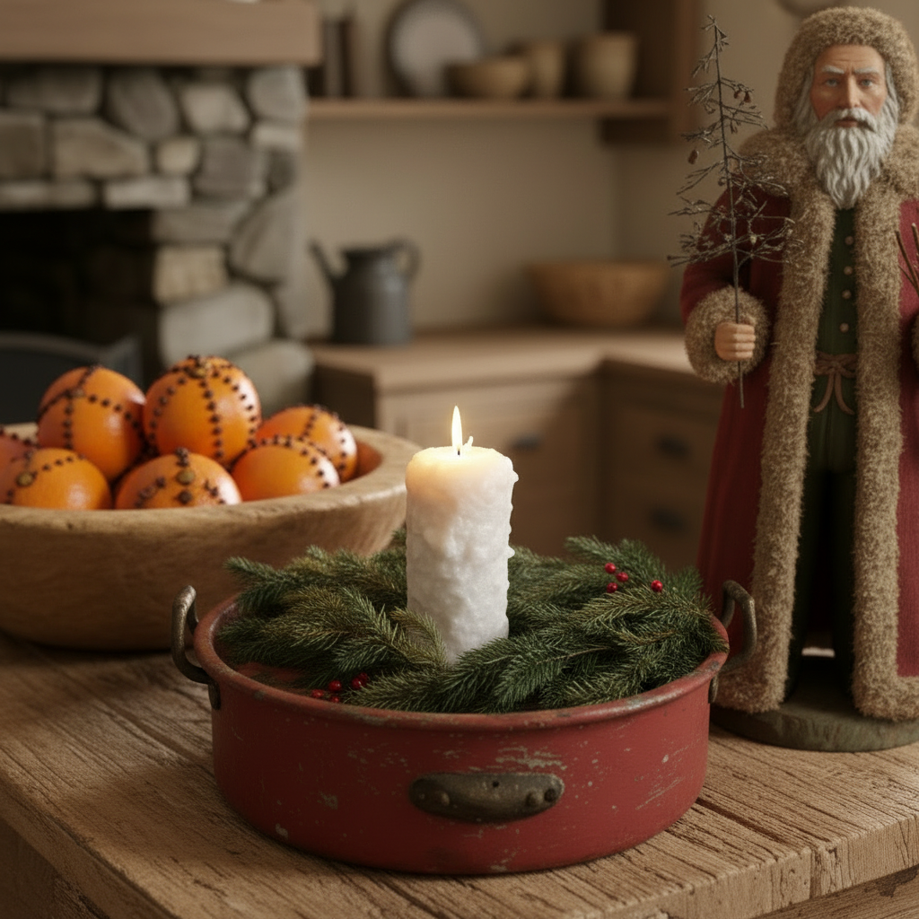Decorative setup with a lit candle, oranges, and a figurine in a warm indoor setting.