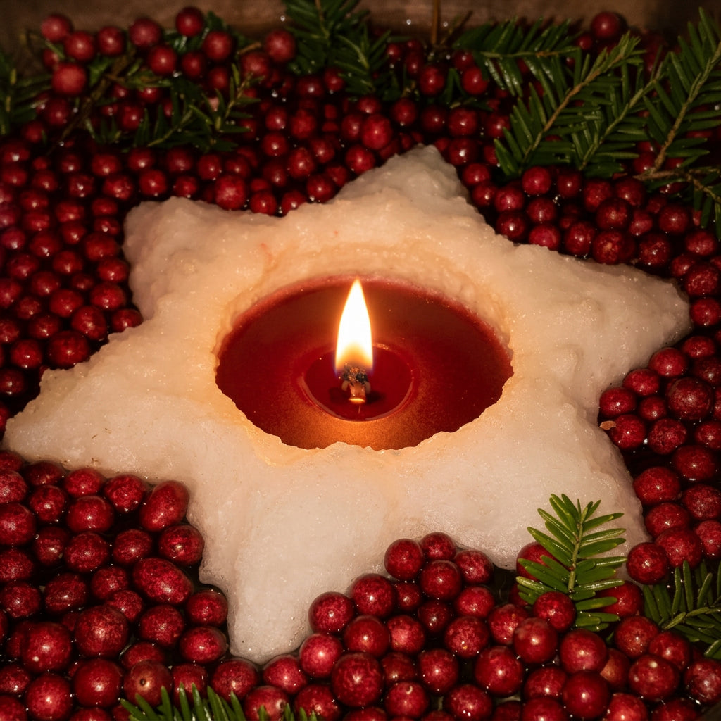 Lit white star-shaped floating candle with a burgundy center, surrounded by red cranberries and evergreen sprigs