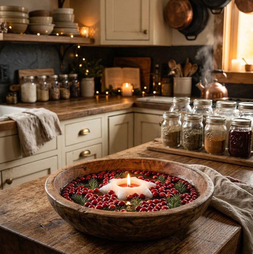 Lit star-shaped floating candle surrounded by cranberries and evergreen sprigs in a rustic wooden bowl on a kitchen island
