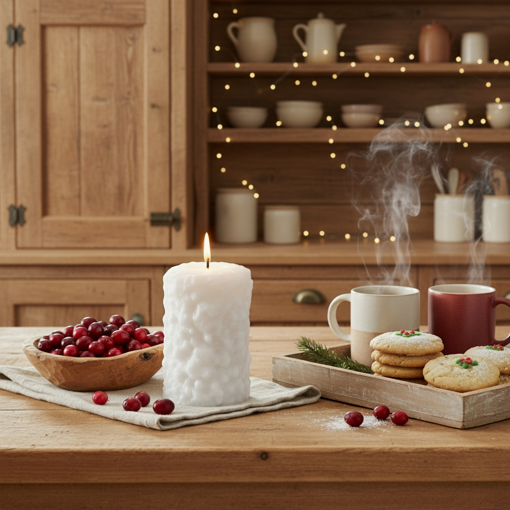 Candle on a wooden table with mugs, cookies, and berries in a cozy kitchen setting.