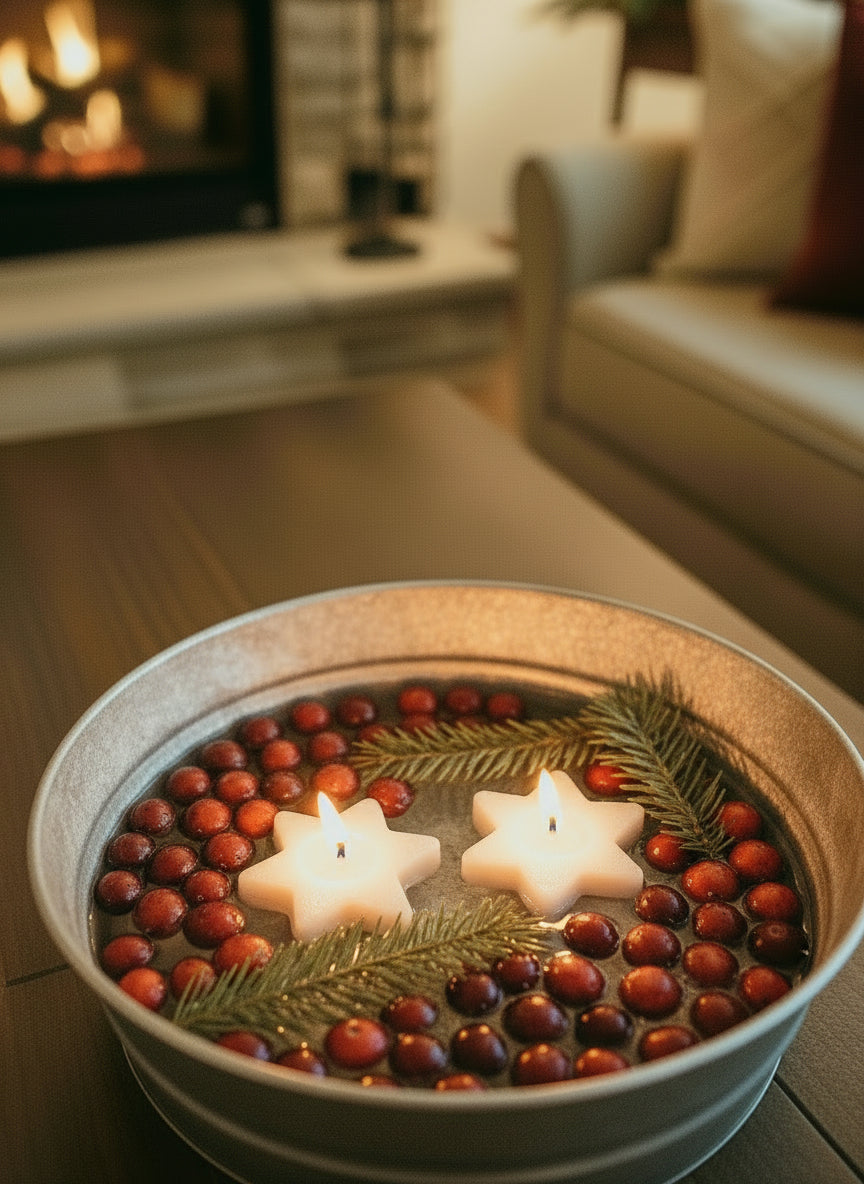 Decorative bowl with floating candles and berries on a table in a cozy living room.