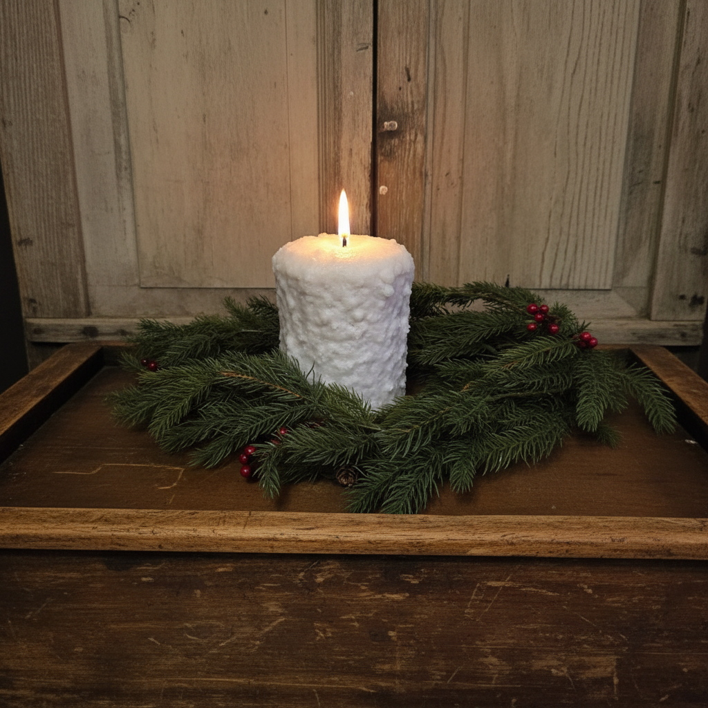 White textured candle on a bed of greenery with a wooden background