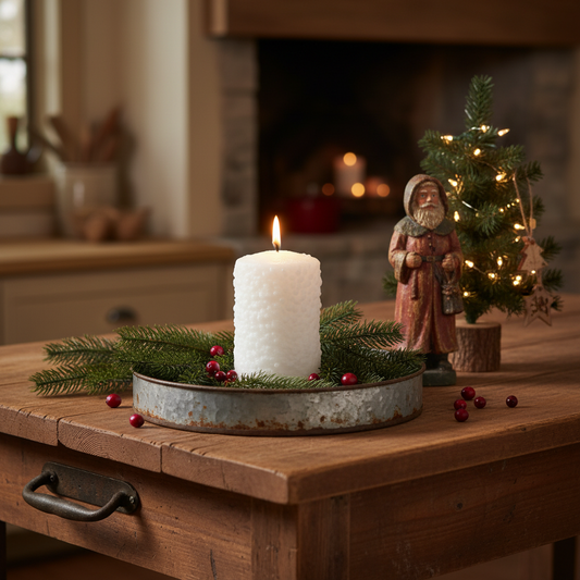 Decorative setup with a lit candle, greenery, and a figurine on a wooden surface.