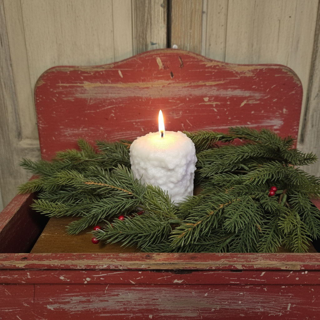 White candle in a decorative box with greenery and red berries against a wooden background