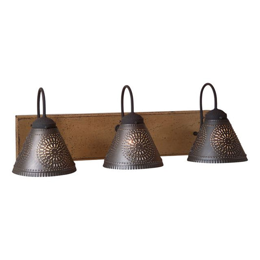 Three light pearwood vanity light with black textured arms and crimped pans, featuring a handcrafted design.
