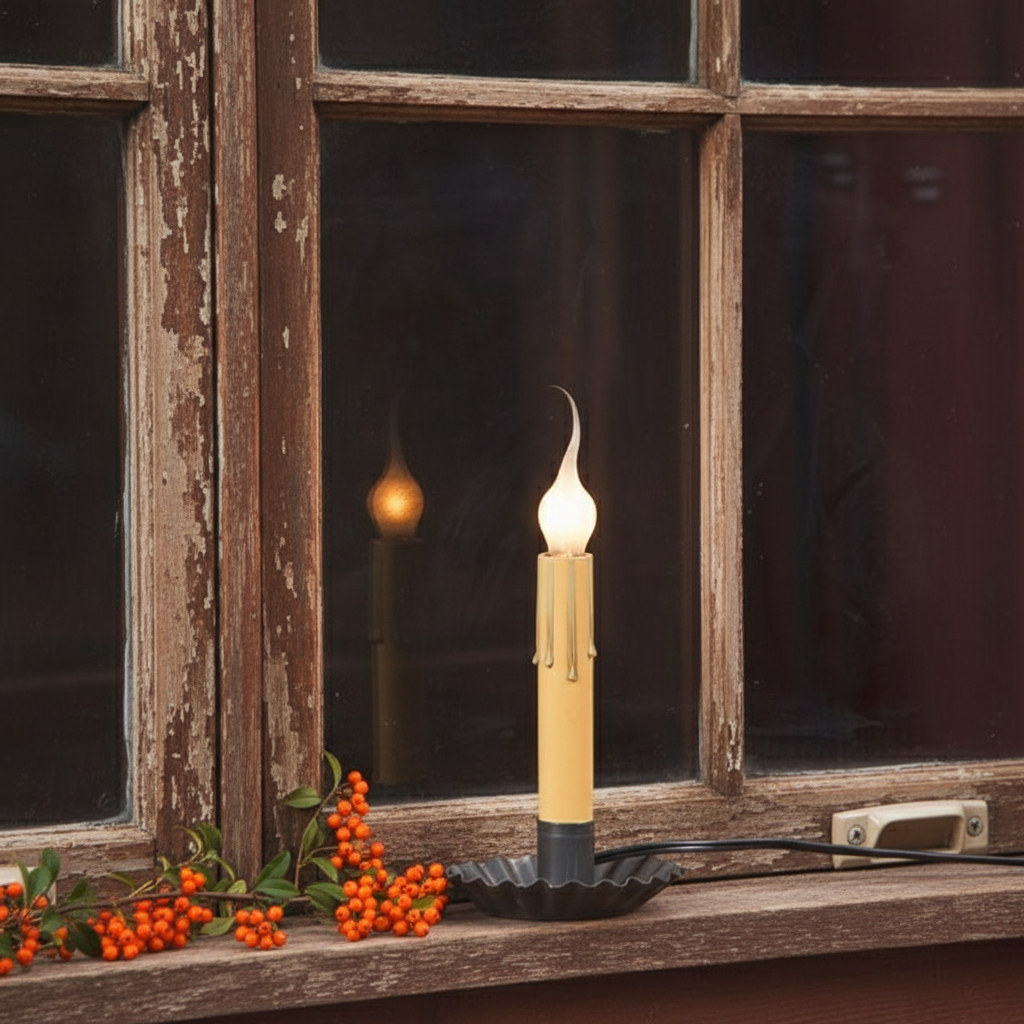 Candle on a windowsill with a rustic window and dark background