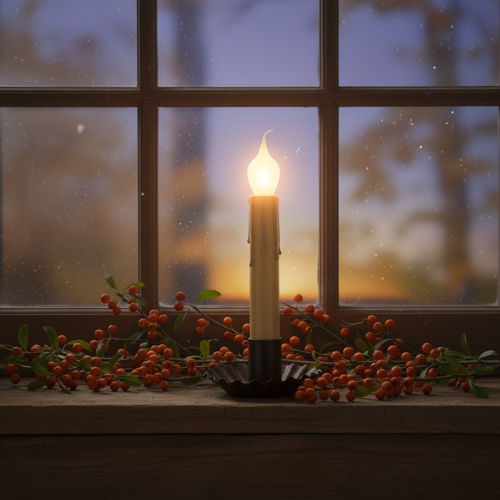 Candle with berries in front of a window during sunset