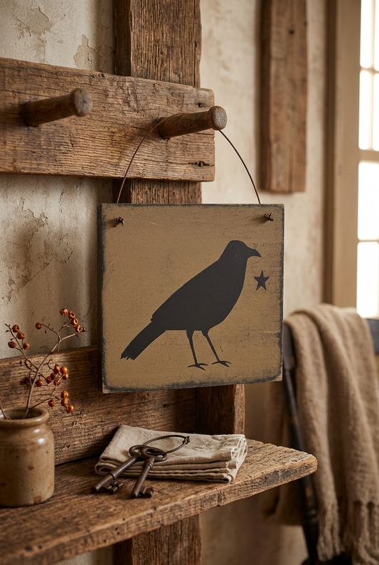 Wood sign with crow and star hanging from peg.