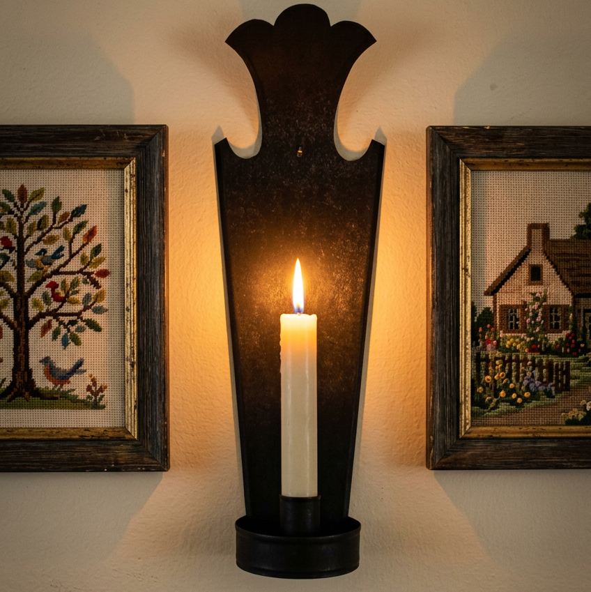 A black metal wall sconce with a decorative top and a white candle insert, shown against a plain beige wall.