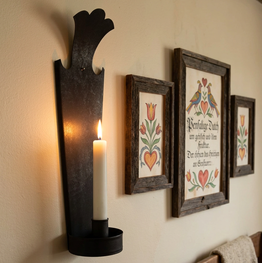 A black metal wall sconce with a decorative top and a white candle insert, shown against a plain beige wall.