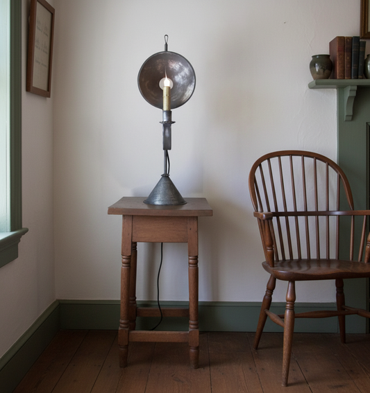 Wooden table with unique lamp and chair in a room with green walls and wooden floor.