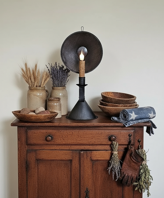 Wooden sideboard with decorative items including a candle, bowls, and jars.