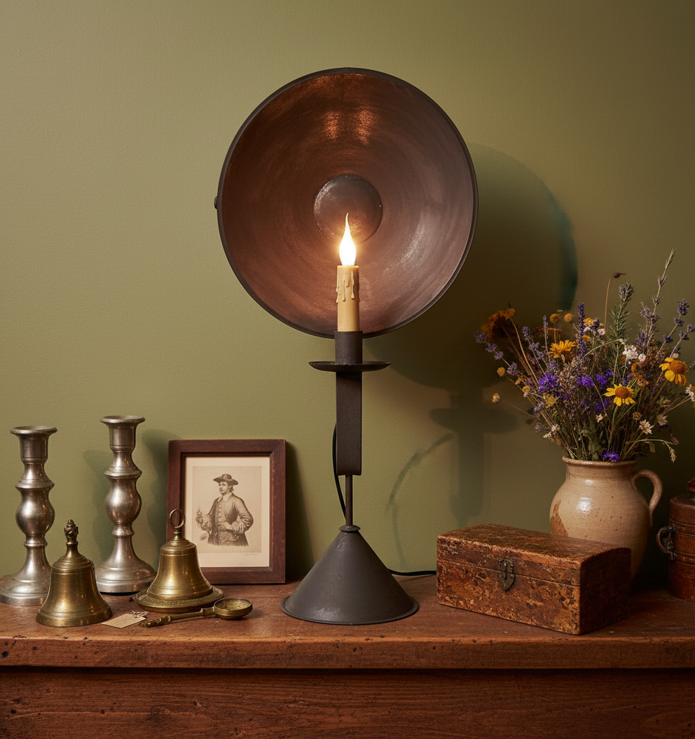 Vintage-style lamp with a lit candle on a wooden surface against a green wall.