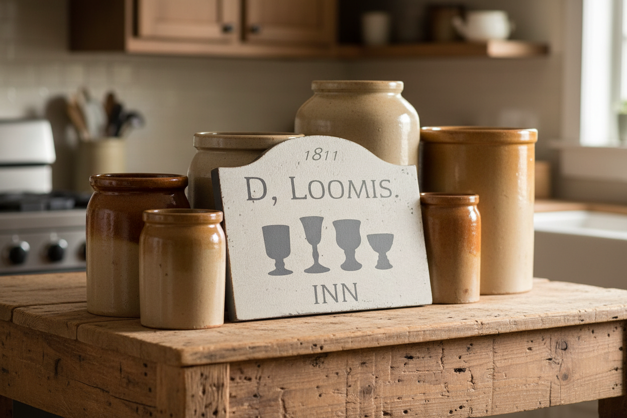 Vintage-style kitchen scene with ceramic jars and a sign on a wooden table.